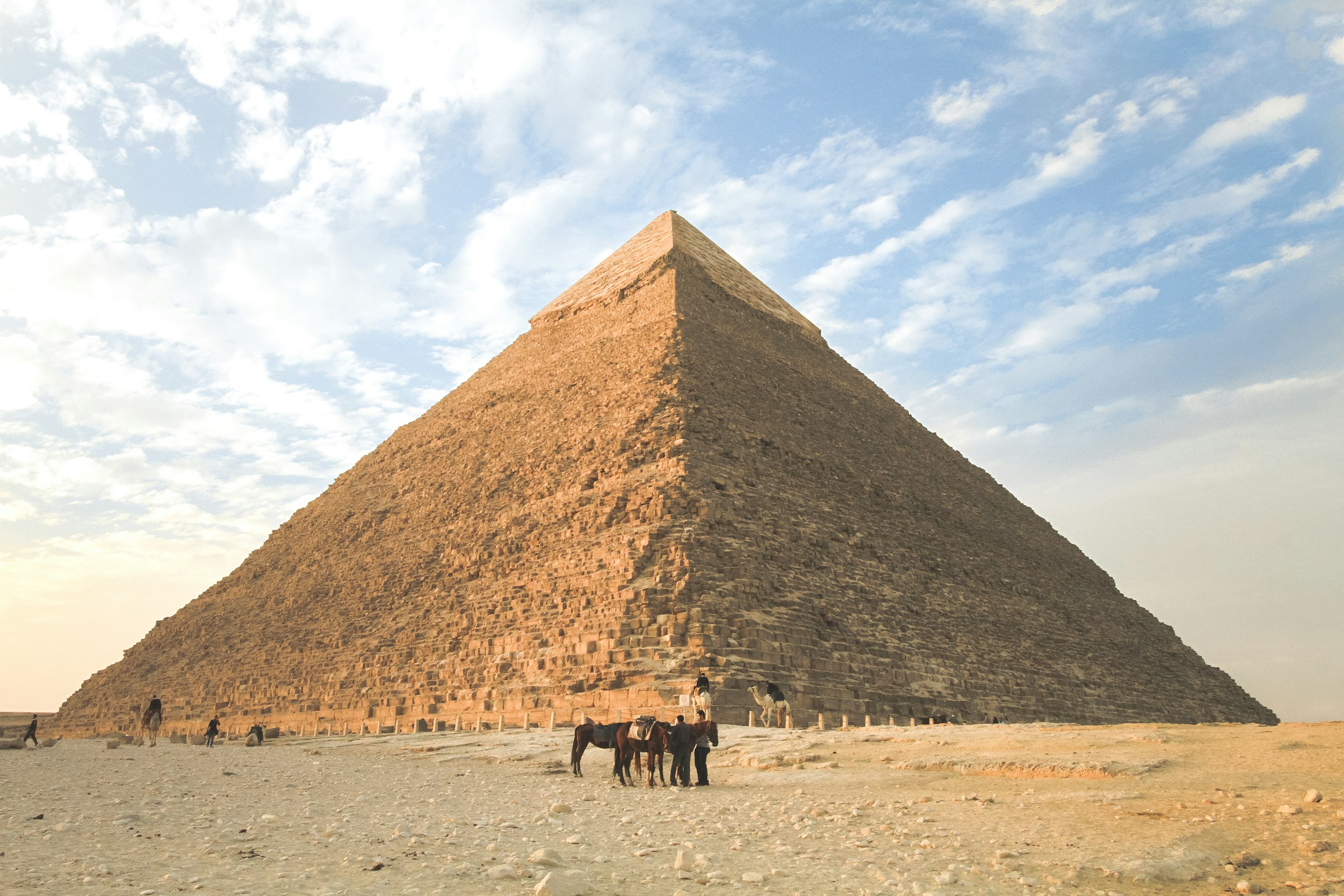 The pyramid of Khafre at Giza, its remaining casing stone visible near the apex